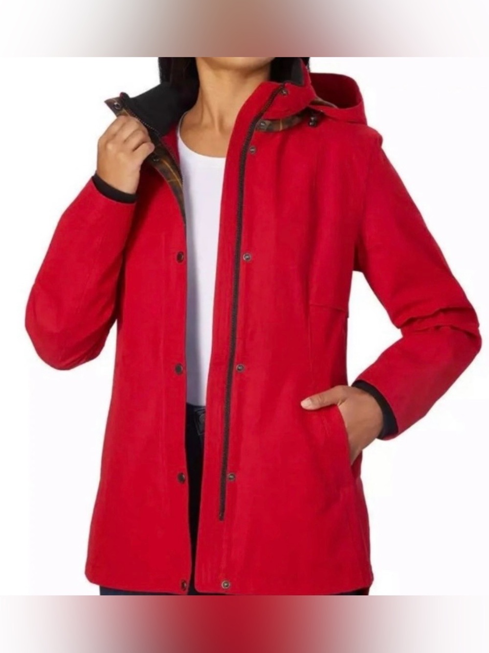 Pendleton Red Softshell Women’s Hooded Rain Jacket Plaid Lining Size M